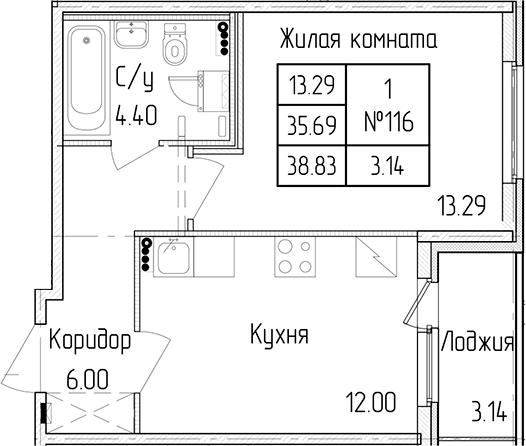 1-комнатная квартира 35.69 м², 1/4 эт., ЖК «Любоград в Стрельне»